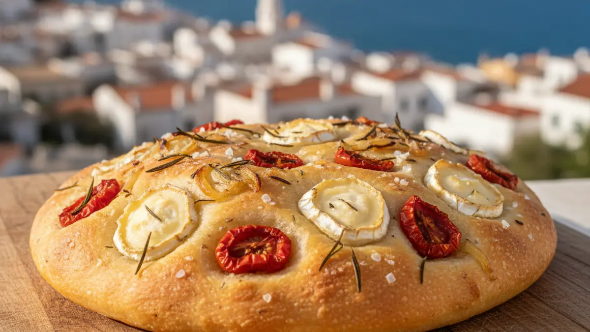 Focaccia artesanal con ingredientes mediterráneos en un entorno costero.