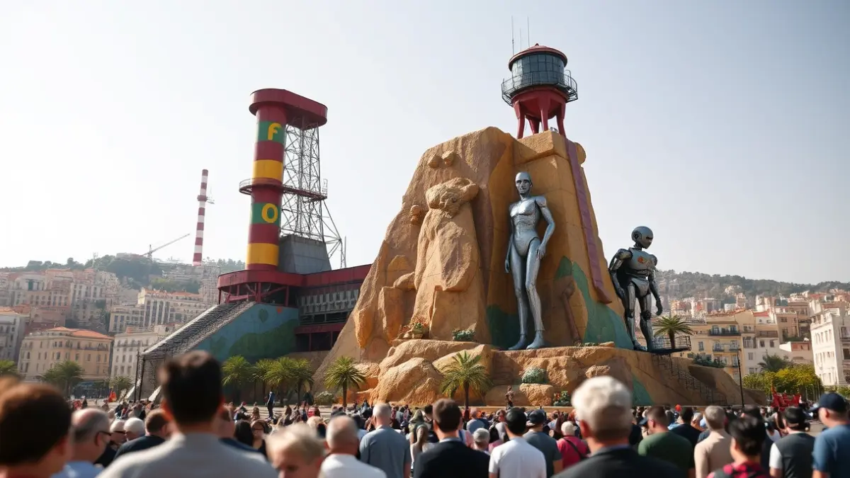 Imagen de una falla conmemorativa con elementos industriales y robots, celebrando un aniversario empresarial en Sagunto.