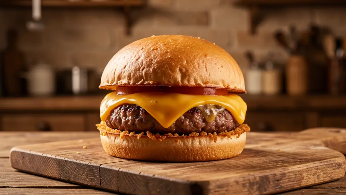 Imaxe dunha hamburguesa gourmet estilo smash nunha táboa de madeira.