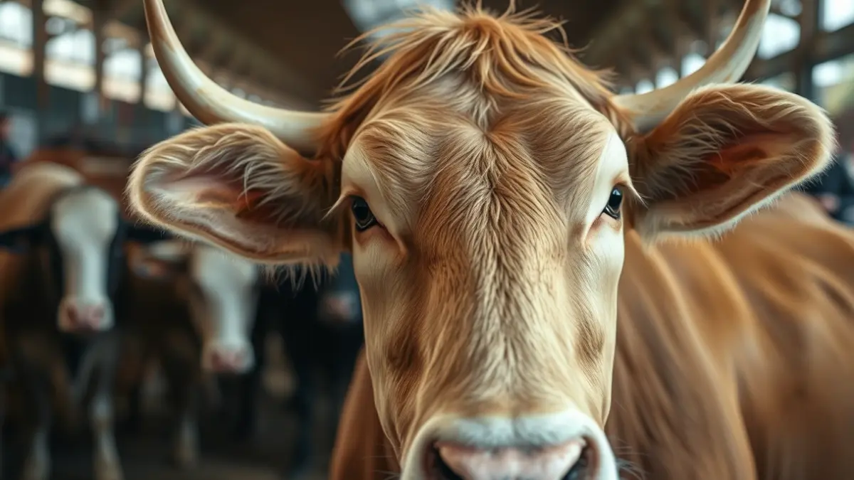 Imagen de una vaca rubia gallega en una subasta ganadera.