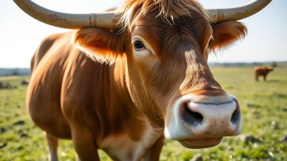 Imaxe xenérica dunha vaca de raza rubia galega nun prado verde.