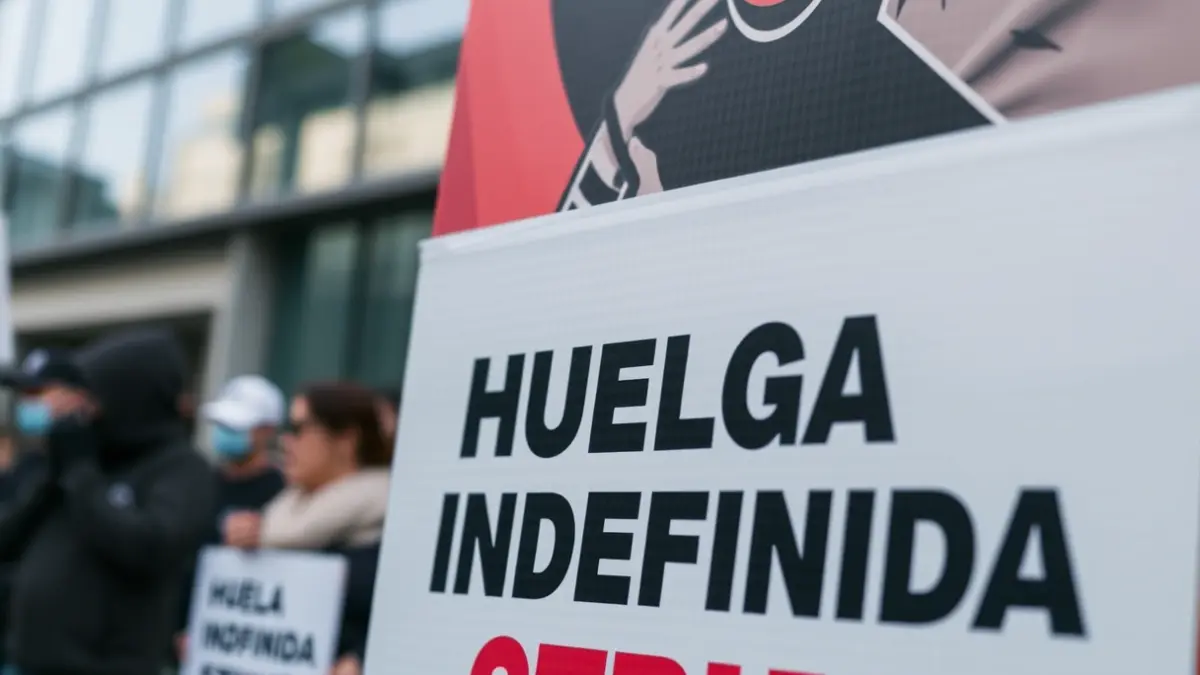 Workers on indefinite strike in front of a company headquarters