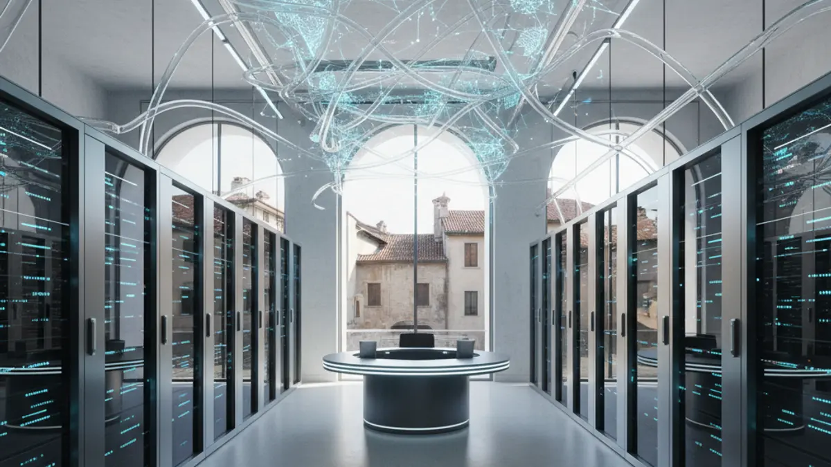Imagen genérica de un centro de datos moderno con servidores y luces de datos brillantes, que simboliza la tecnología avanzada y las operaciones globales.
