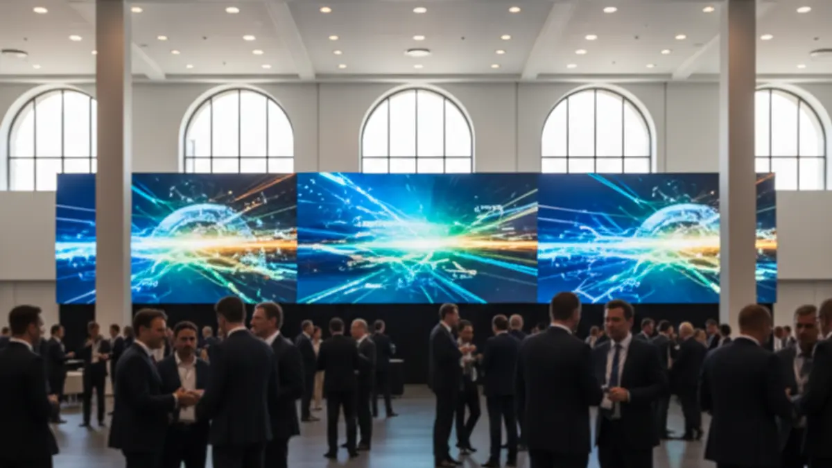 Imagen genérica de un congreso empresarial con profesionales interactuando en un espacio moderno.