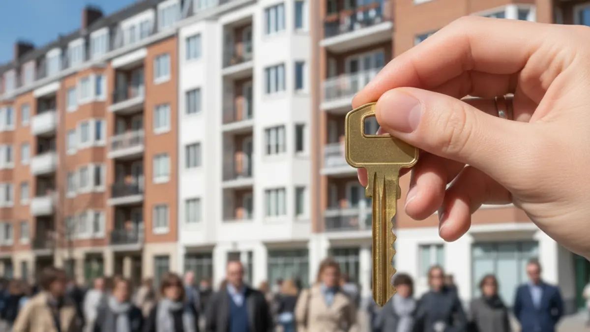 Generic image of a hand holding a house key, with blurred apartment buildings in the background.