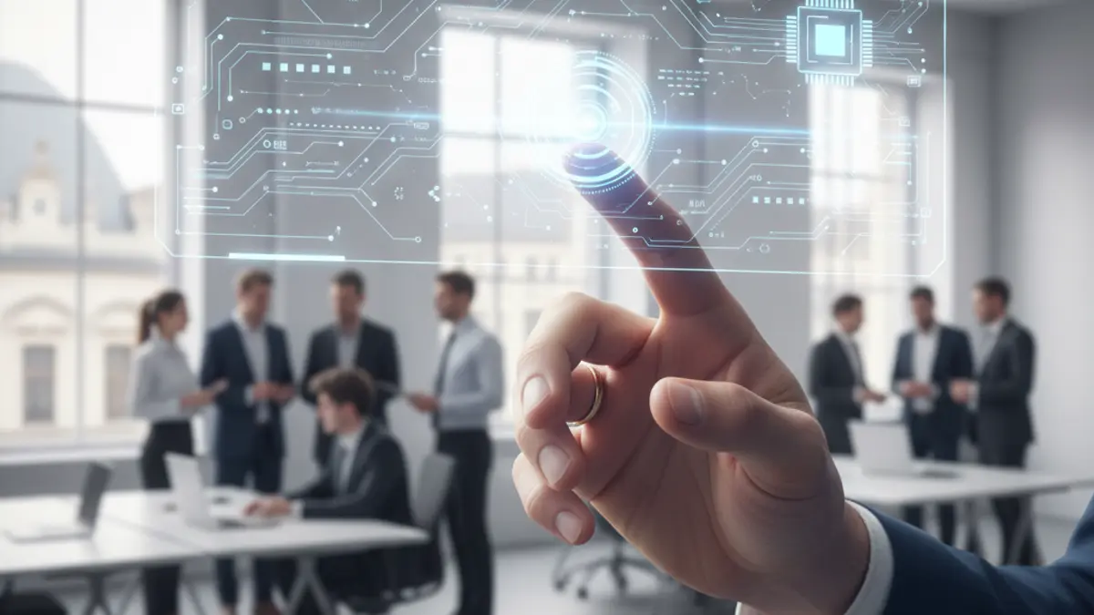 Generic image of a hand interacting with a holographic interface displaying AI graphics, in a modern, bright office environment.