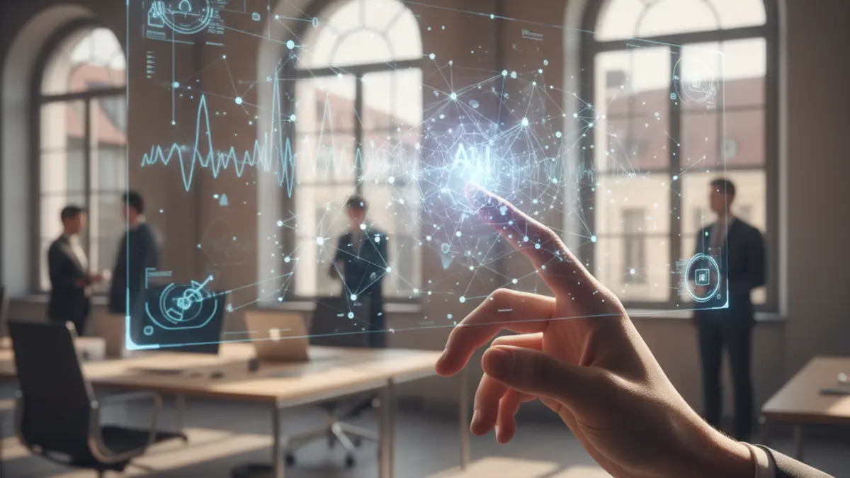 Generic image of a hand interacting with a holographic interface displaying artificial intelligence concepts.