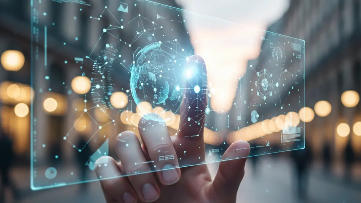 Generic image of a hand interacting with a holographic interface displaying artificial intelligence concepts.
