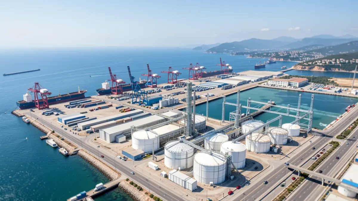 Imagen genérica de una instalación portuaria industrial con una planta de combustibles renovables.
