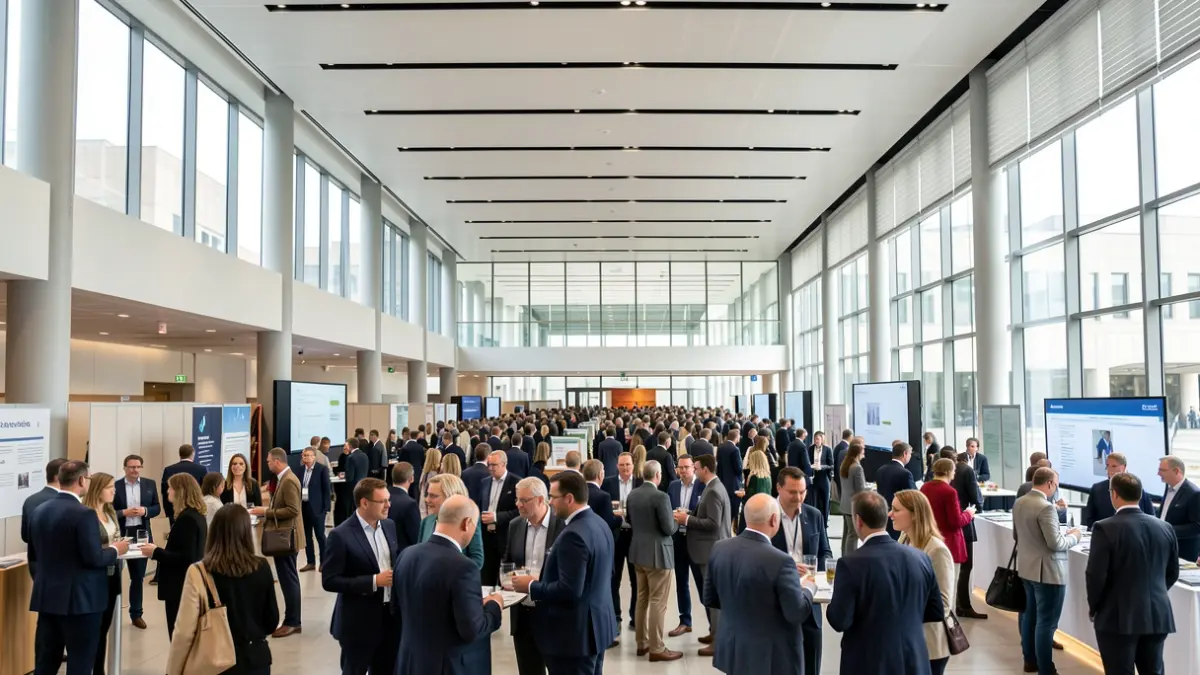 Imaxe xenérica dun evento empresarial con moita xente e presentacións.