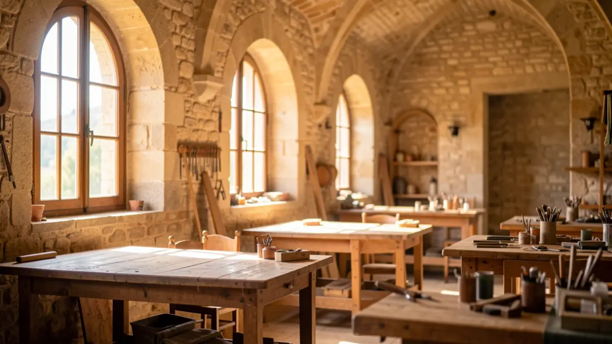 Interior del castillo de Verdú preparado para una jornada de trabajo sobre gastroturismo.