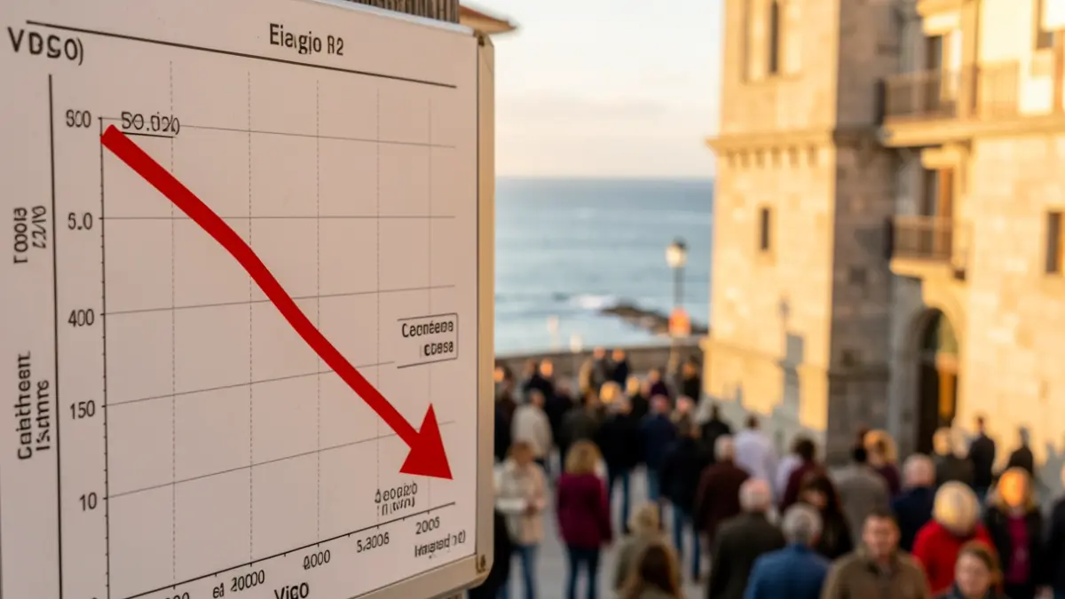 Gráfico de desempleo en Vigo con tendencia a la baja y el paisaje urbano de la ciudad al fondo.