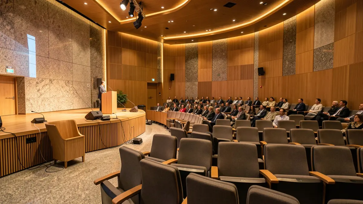 Imagen genérica de una sala de conferencias moderna con escenario y asientos vacíos.