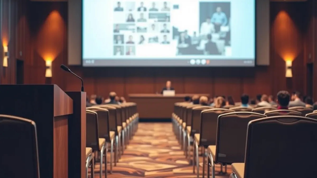 Generic image of a conference room with a podium and empty chairs.