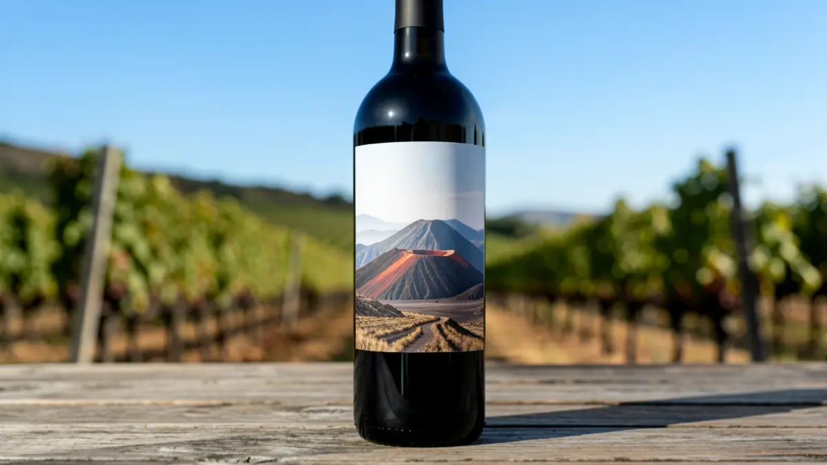 Botella de vino canario con etiqueta de paisaje volcánico sobre mesa de madera, con viñedo desenfocado al fondo.