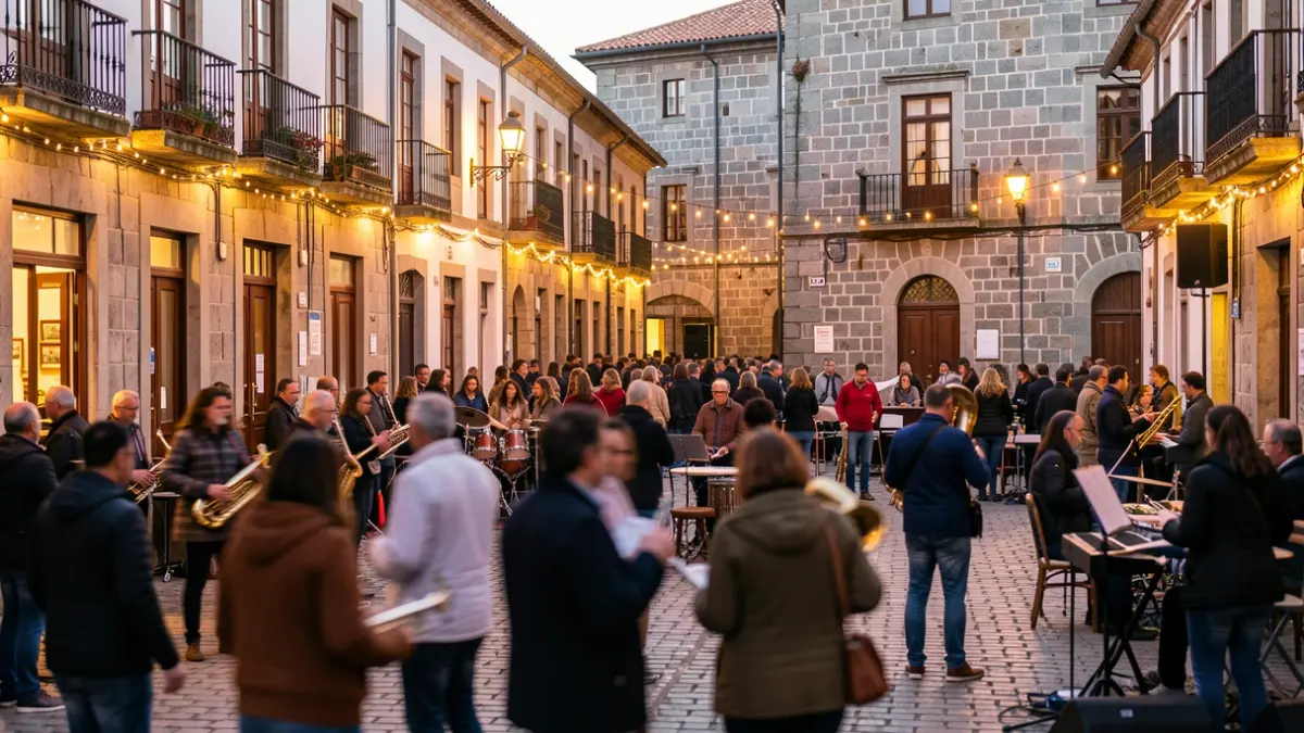 Imagen genérica de una plaza de pueblo gallego con gente disfrutando de la fiesta.