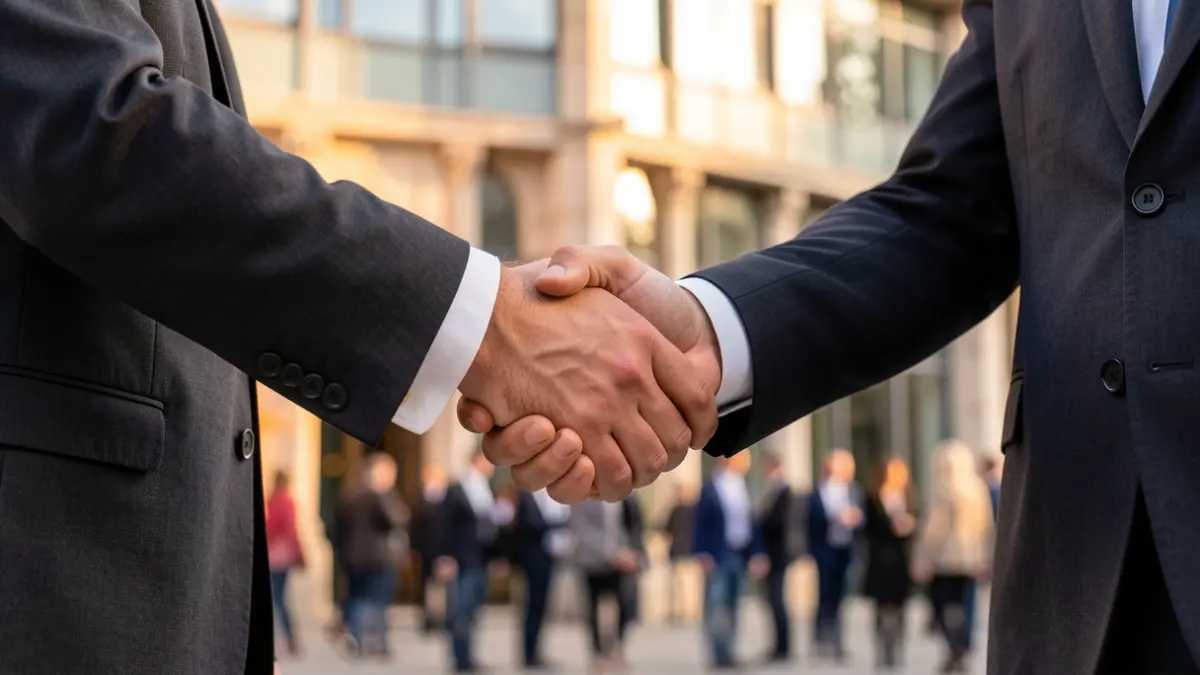 Imagen genérica de dos personas dándose la mano en un entorno empresarial.