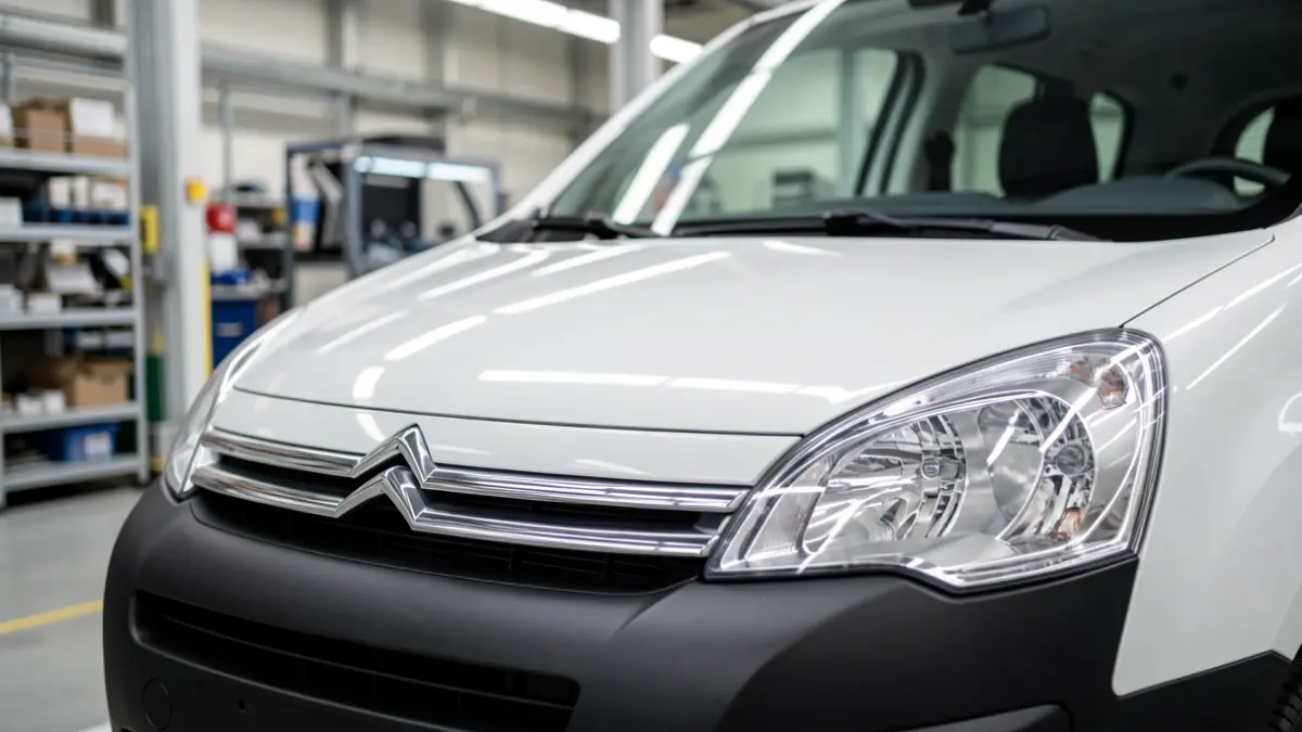 Primera vista de una furgoneta Citroën Berlingo delante de una fábrica.