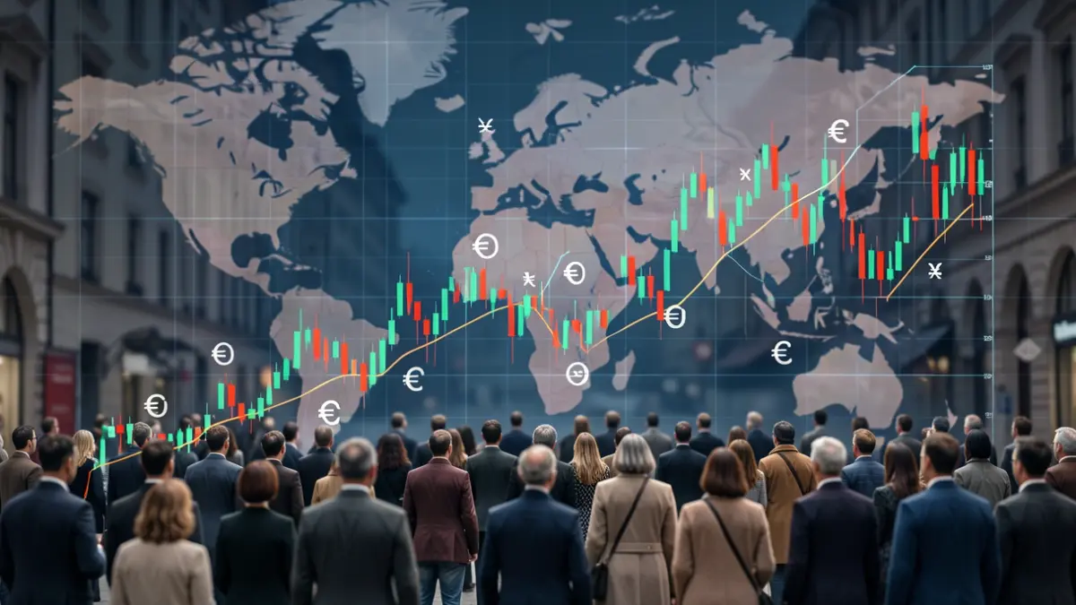 Imagen genérica de mercados globales con gráficos fluctuantes y símbolos de moneda.