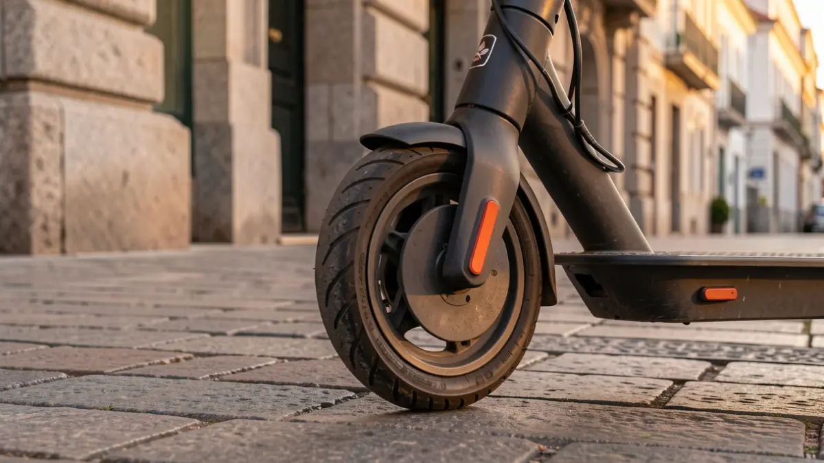 Imagen genérica de ruedas de patinete eléctrico aparcadas en una calle de piedra.