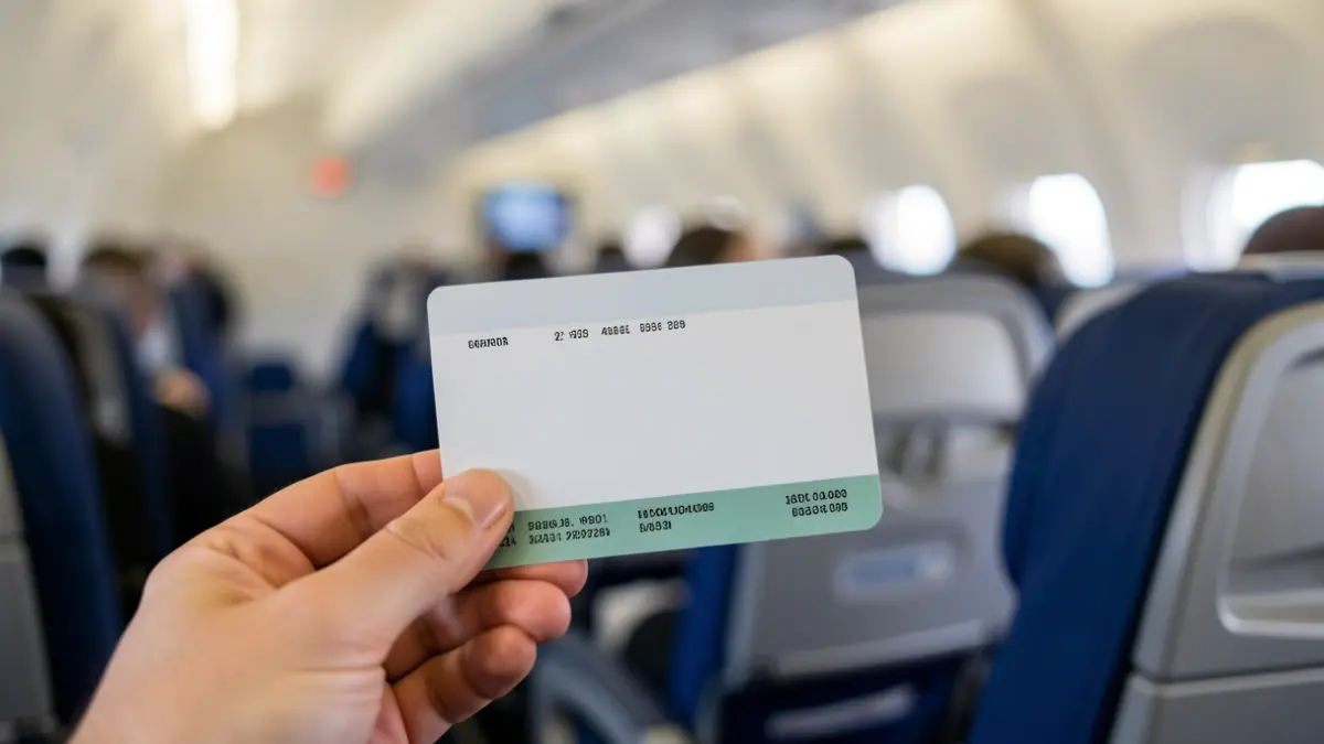 Primer plano de una mano con una tarjeta de embarque y cabina de avión desenfocada.