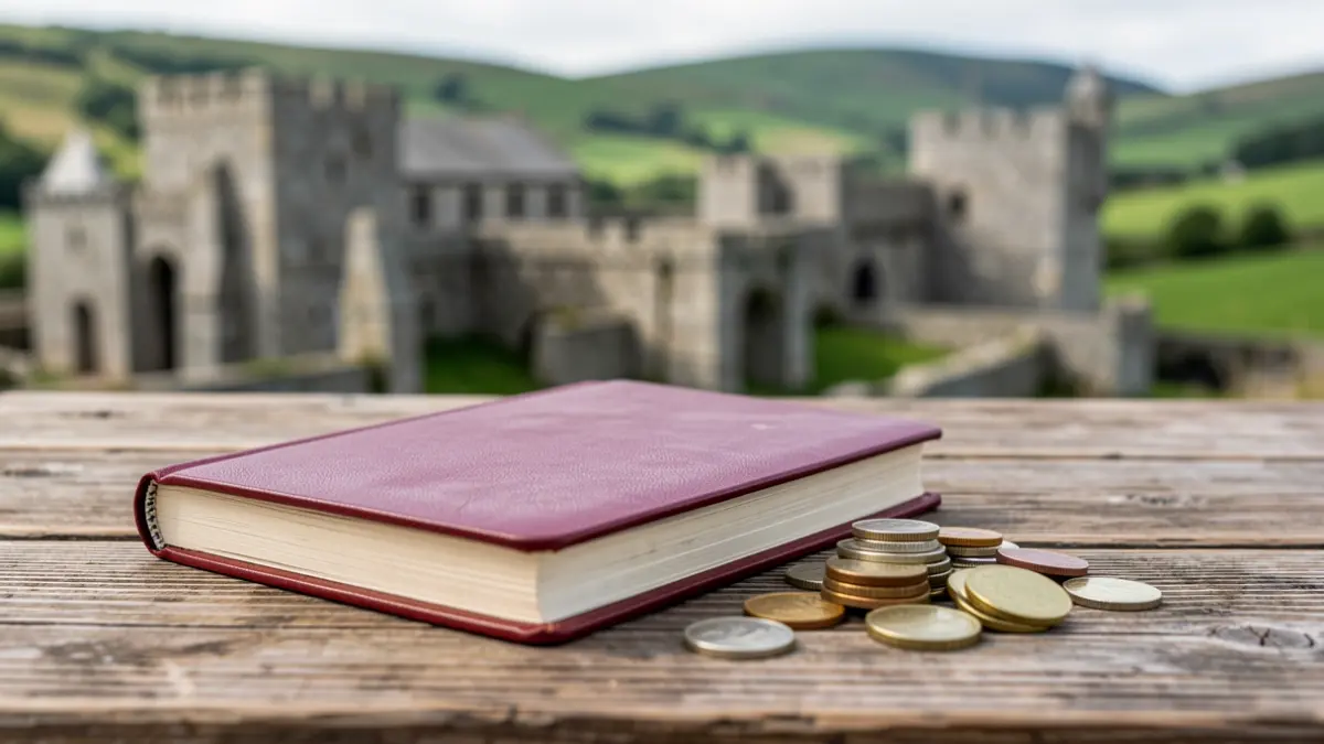 Imagen genérica de libros de pensiones y monedas sobre una mesa de madera, con arquitectura de granito gallega de fondo.