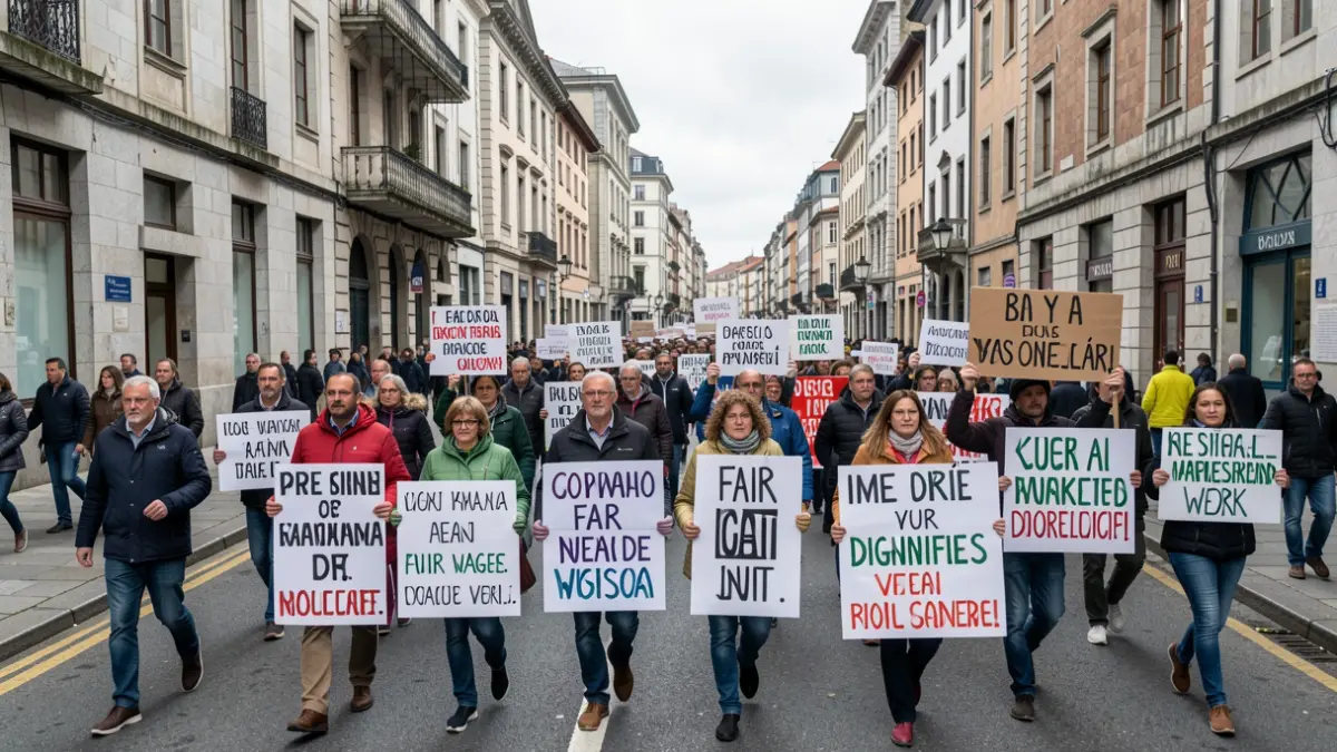 Imaxe xenérica de manifestantes marchando polas rúas de Galicia con carteis sobre salarios dignos.