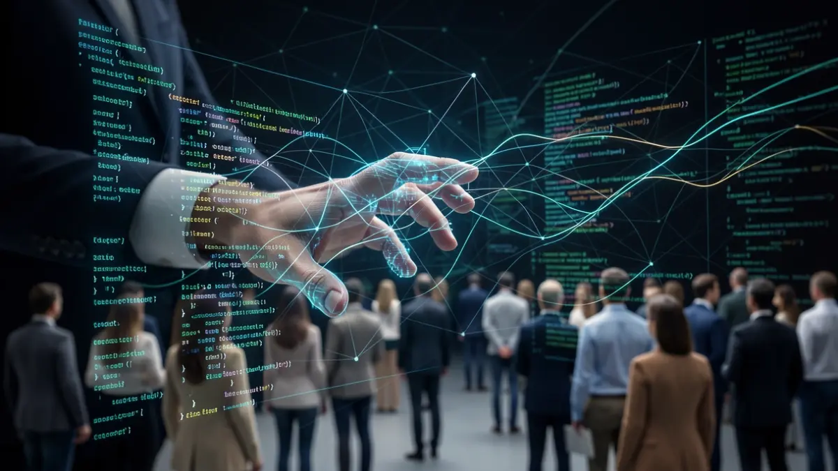 Imagen genérica de tecnología e inteligencia artificial con líneas de código y flujos de datos.