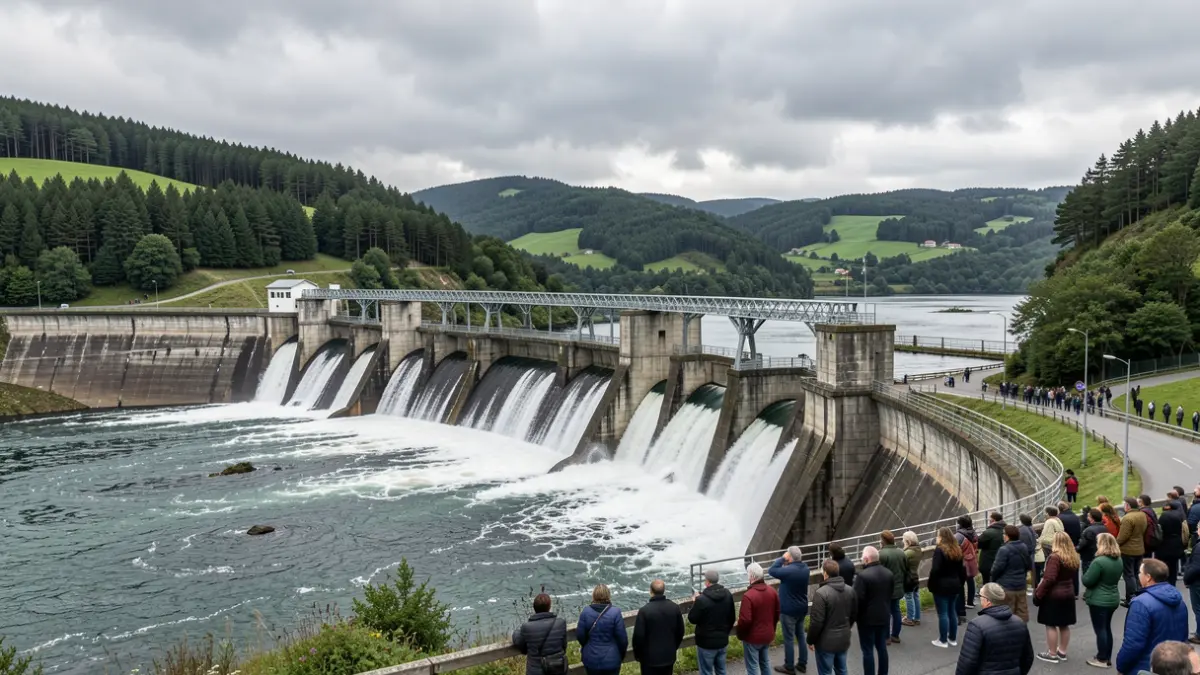 Imaxe xenérica dunha gran presa hidroeléctrica galega con auga e arredores verdes.