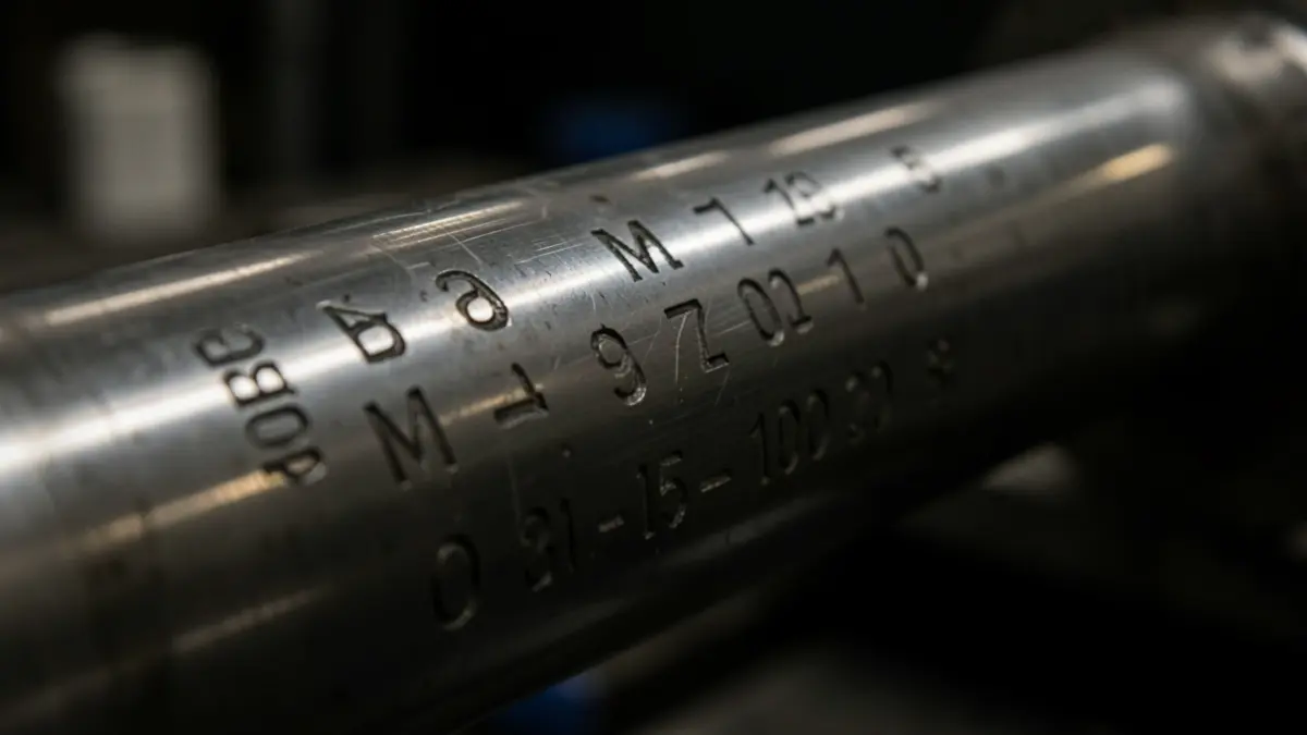 Primer plano de un tubo de acero industrial con iluminación tenue.