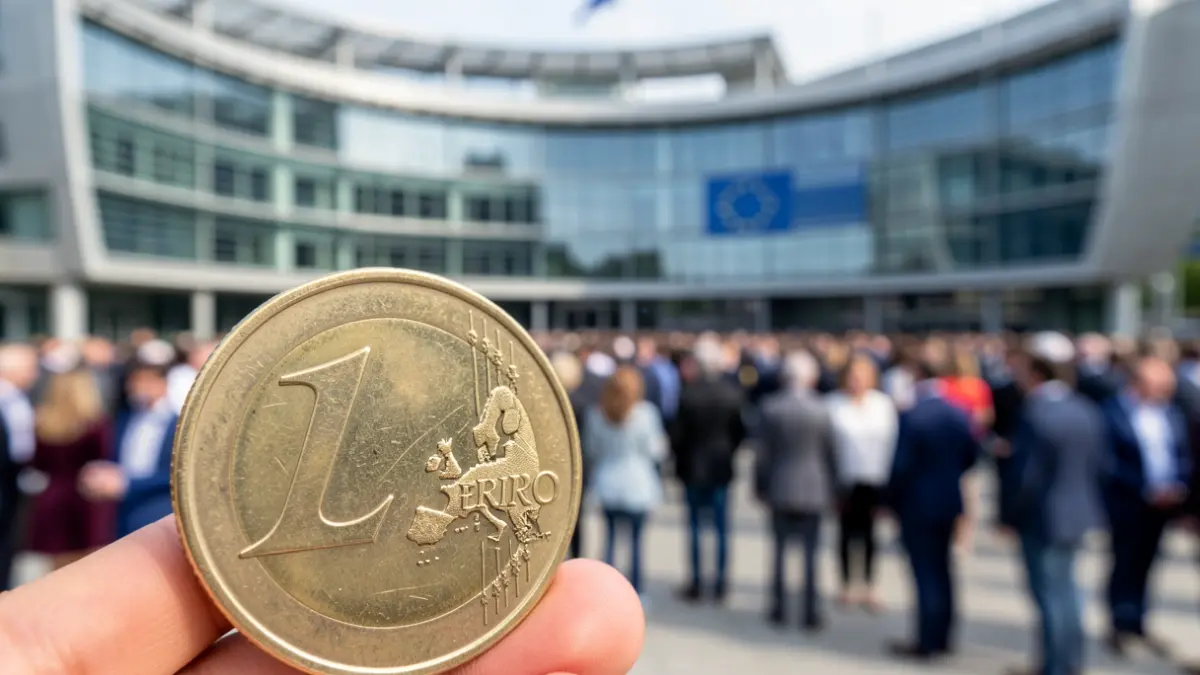 Imaxe xenérica dunha moeda de euro española cun edificio do Parlamento Europeo desenfocado ao fondo.