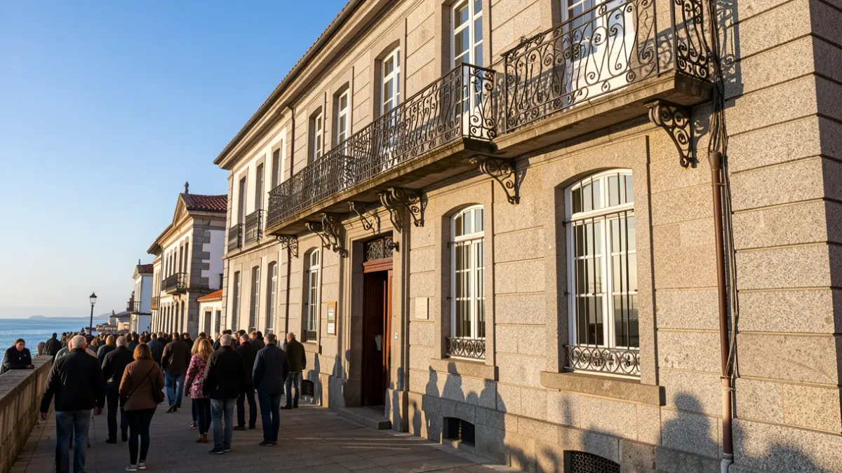 Imaxe xenérica dunha fachada de concello costeiro galego de granito con balcón de ferro, luz solar da tarde.