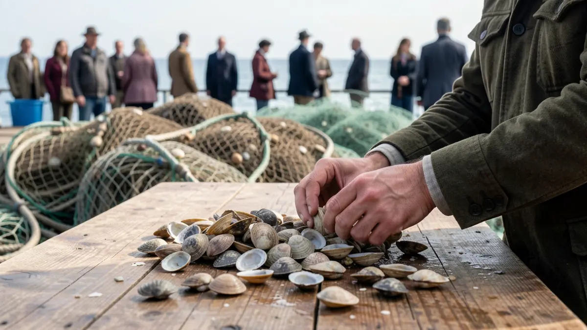 Primeira plana dunha imaxe de mariscadoras traballando.
