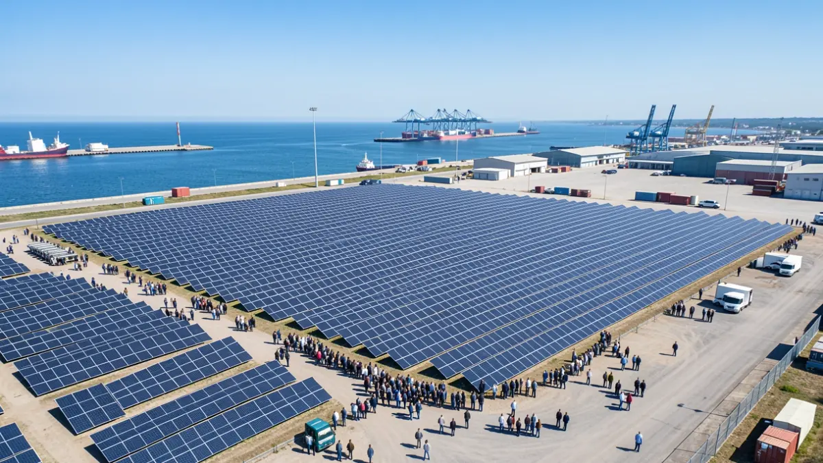 Imagen genérica de una instalación de paneles solares en un puerto industrial.