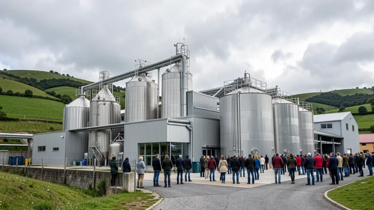 Imaxe xenérica dunha fábrica de cervexa moderna con arquitectura industrial.