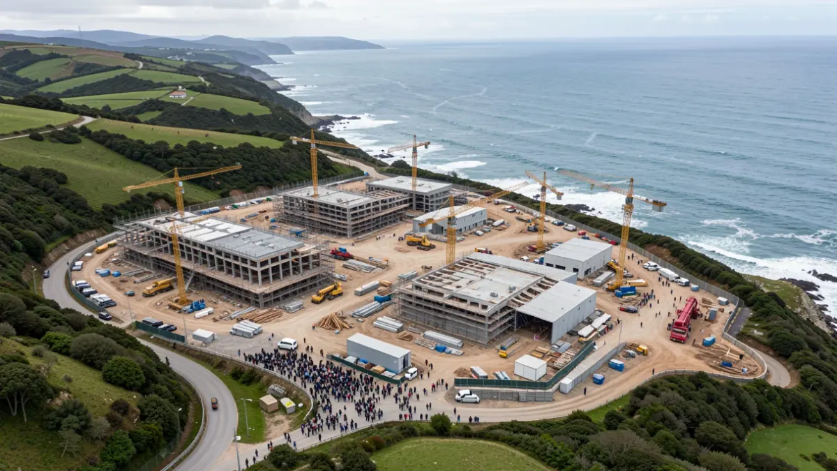 Vista aérea de un gran complejo industrial en construcción en una zona costera de Galicia, con grúas y estructuras parcialmente construidas, rodeado de colinas verdes y el océano Atlántico.