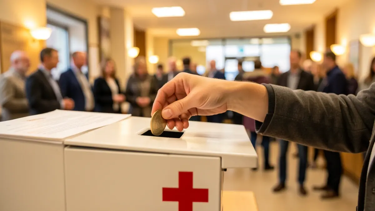 Imagen genérica de solidaridad: una mano depositando una moneda en una caja de donaciones con el símbolo de la Cruz Roja.