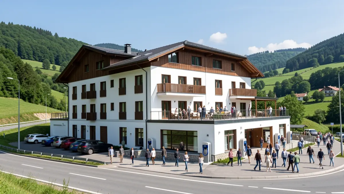 Vista exterior de un hotel moderno con elementos de arquitectura vasca, situado cerca de una salida de autopista en un valle verde.