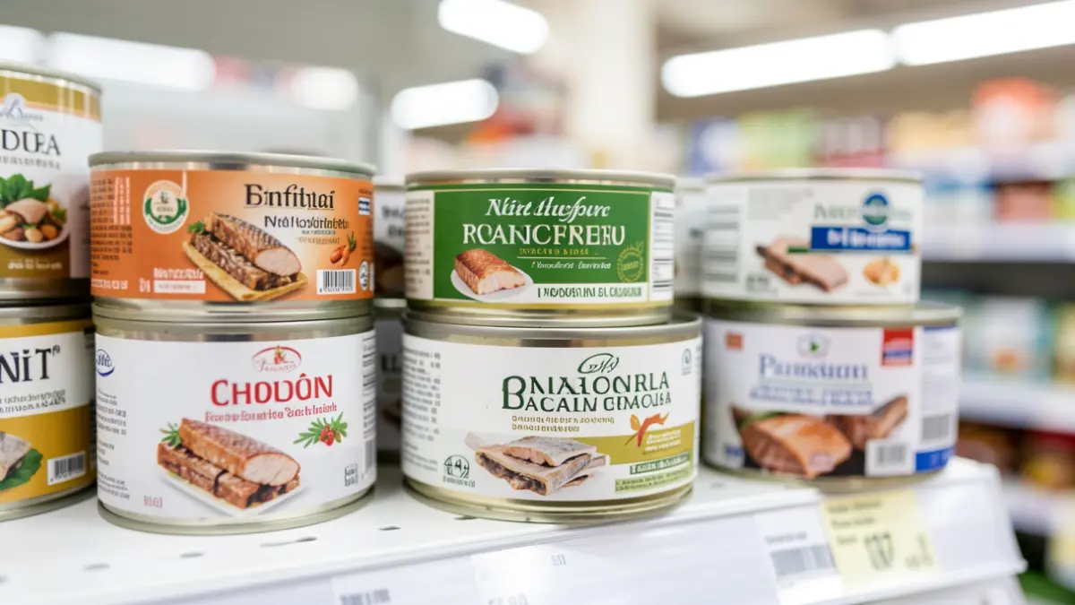 Imagen genérica de latas de conservas de pescado con etiquetas detalladas.