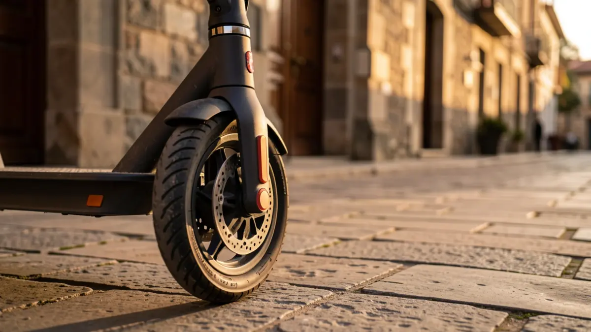 Imagen genérica de un primer plano de la rueda de un patinete eléctrico aparcado en una acera empedrada de un pueblo vasco, con luz cálida de atardecer.