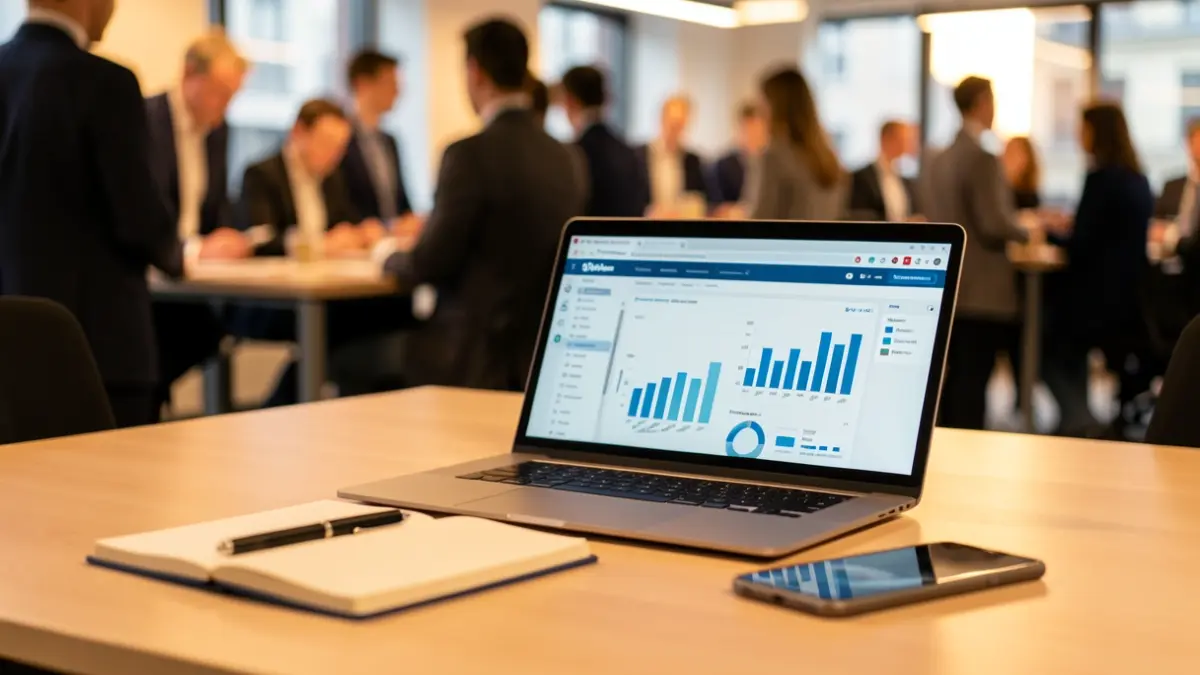 Generic image of an office desk with a laptop displaying charts.