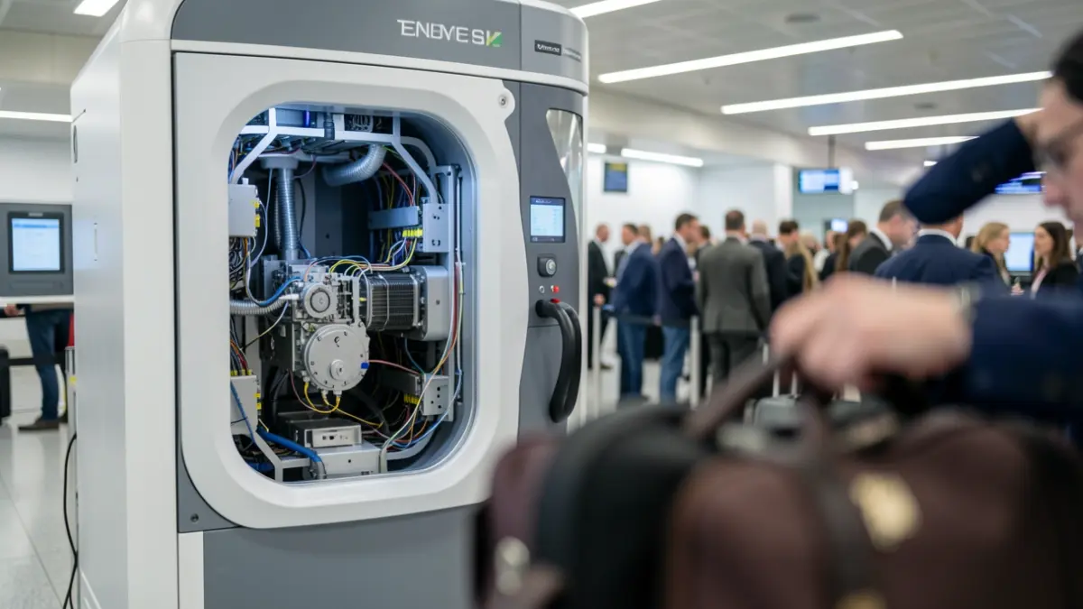 Primer plano de un escáner de rayos X 3D de última generación en un control de seguridad de aeropuerto.