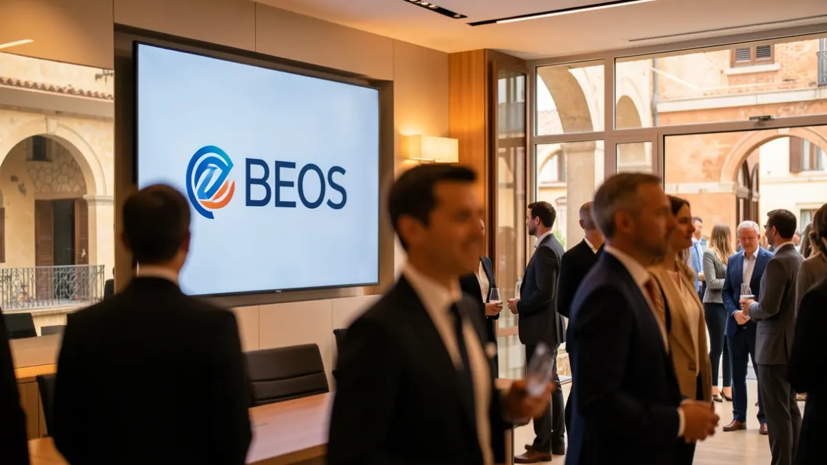Imagen genérica de un interior de oficina con un nuevo logo corporativo.