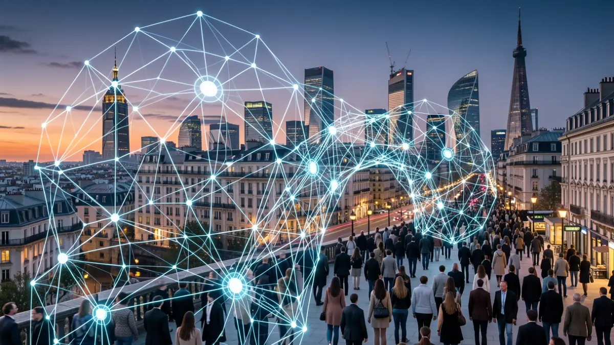 Representación abstracta de infraestructura de inteligencia artificial con patrones de red neuronal y nodos interconectados, con el perfil de una ciudad europea al atardecer.