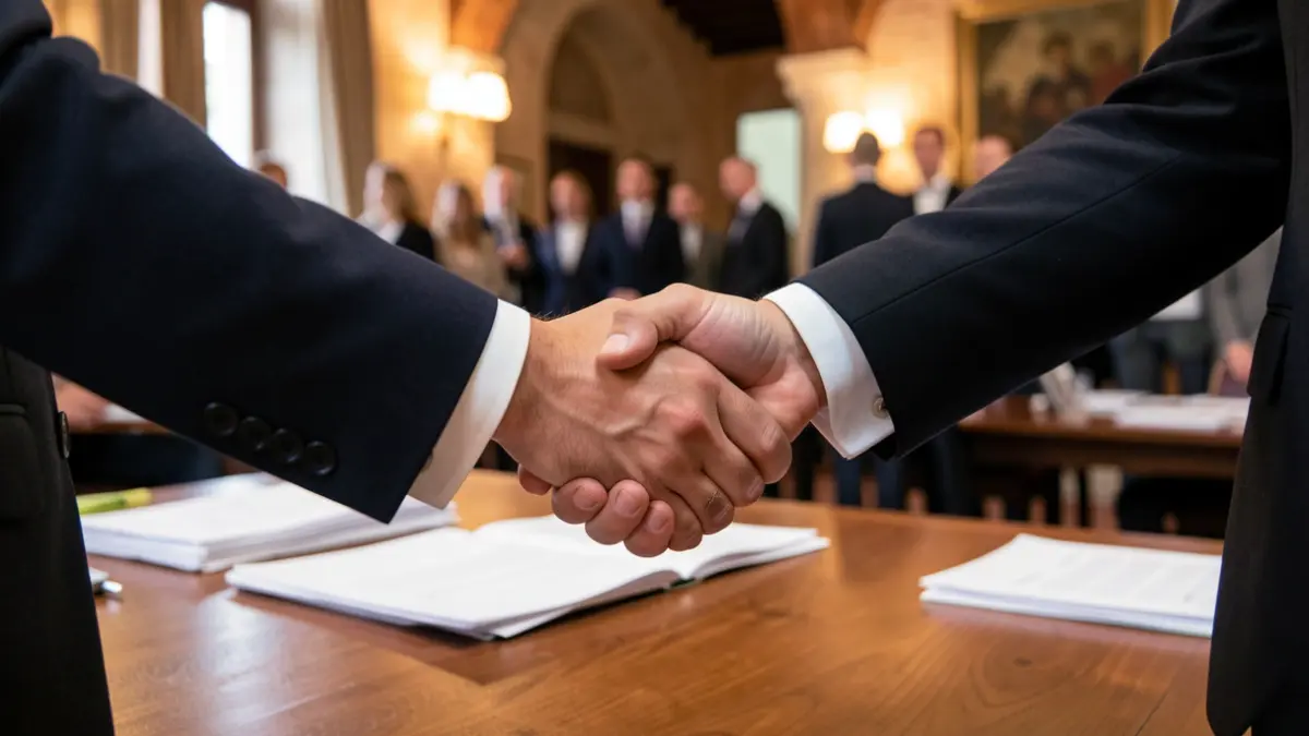 Generic image of two hands shaking over a table with documents.
