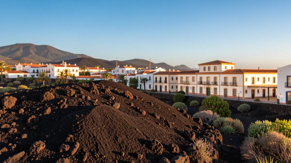 Imagen genérica de la arquitectura tradicional canaria con un paisaje volcánico.