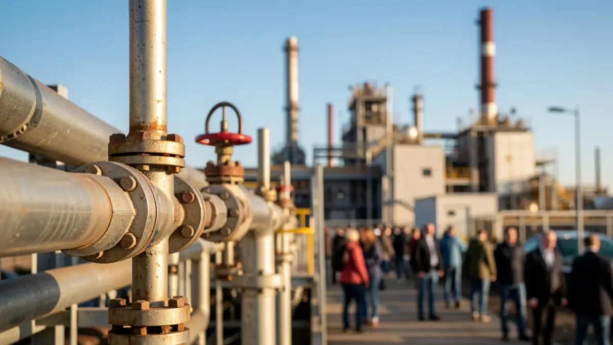 Imagen genérica de tuberías industriales frente a una fábrica.