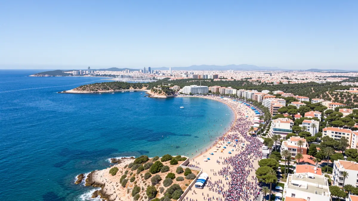 Vista aérea genérica de una costa mediterránea con una ciudad al fondo.