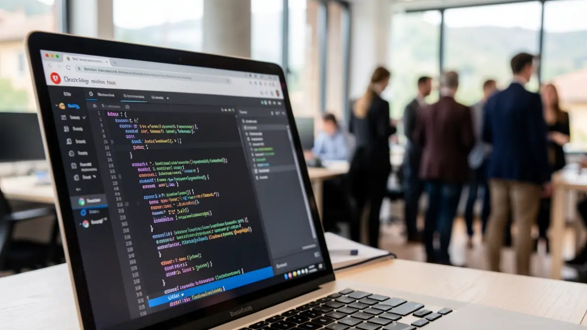 Imagen genérica de una pantalla de portátil con código de programación y un fondo de oficina.