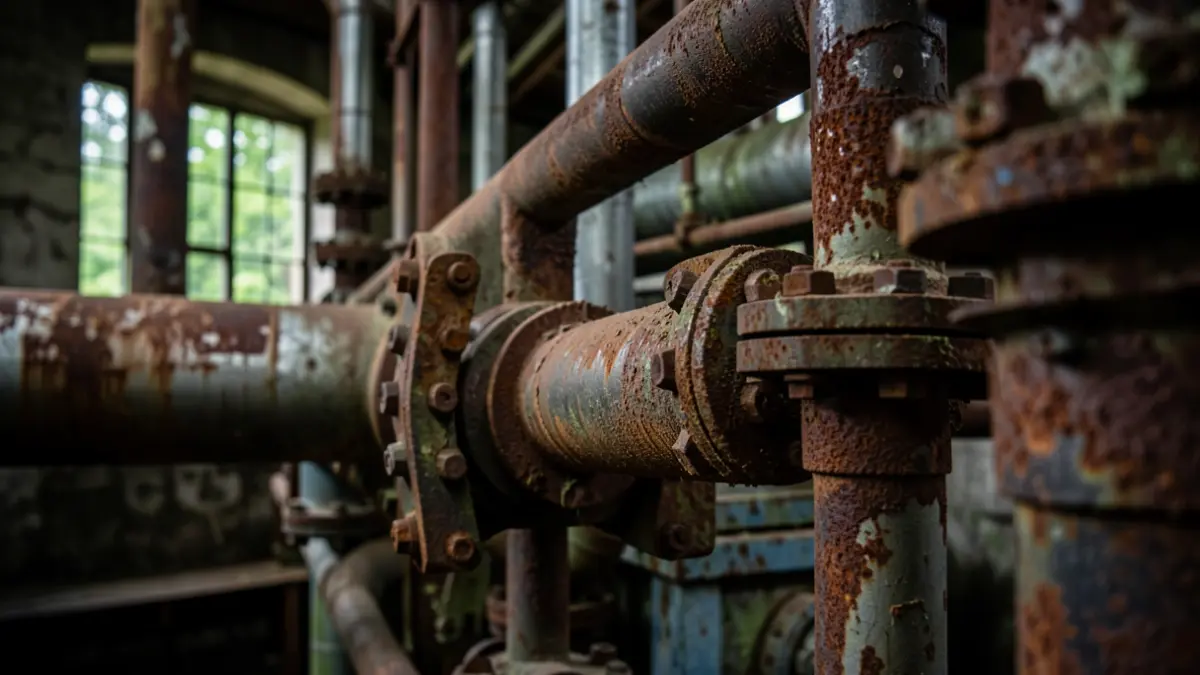 Generic image: Industrial pipes, rusted and showing signs of wear, in a dimly lit factory.